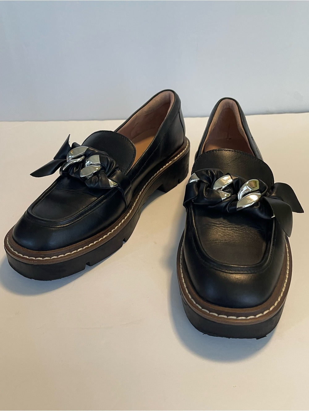 Nordstrom Loafers Chunky Platform Leather Size 7 Silver Chain Hardware - Picture 16 of 16